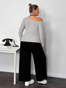 Truni Conjunto de 3 piezas para mujer talla grande con top corto de cuello halter, pantalones de pierna ancha y camiseta de manga larga con cuello asimétrico para primavera/otoño/invierno - Negro - Ver 2