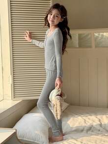 DAZY Tween Girls Lace Patchwork Ruffle Hem Fitted Base Layer Top And Pants Loungewear Set, Autumn - Grey - View 4