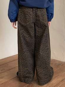 Dazy Kids 少女休闲时尚街头风豹纹宽松阔腿牛仔裤，适合日常通勤