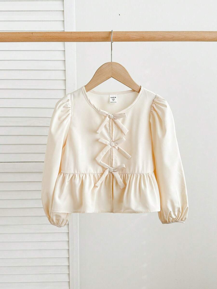 SHEIN LMoss Kids 女童纯色系带长袖简约休闲衬衫 - 杏色 - 查看 1