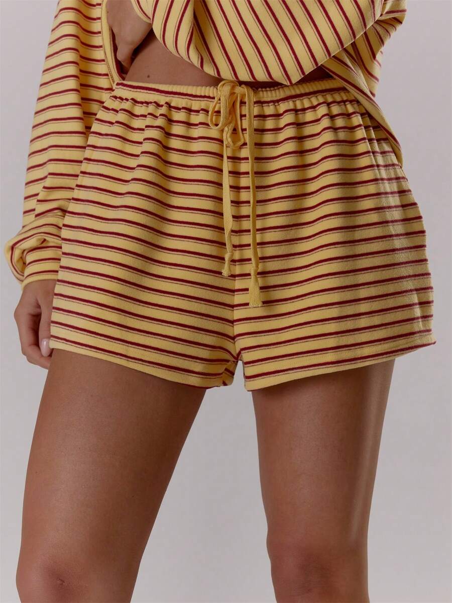 MUSERA Quần short cạp chun, buộc dây phía trước, dáng rộng, chất liệu mềm mại, kẻ sọc, chỉ có ở mùa thu, ấm áp, dễ thương, thường ngày, thích hợp cho quán cà phê, câu lạc bộ, thanh lịch, mùa xuân và hè. - Màu vàng - Xem 1