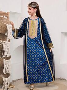 SHEIN رمضان جلابيه  Tween Girl Casual Long Sleeve Mesh Jacket With Dress الملابس التقليدية العربية