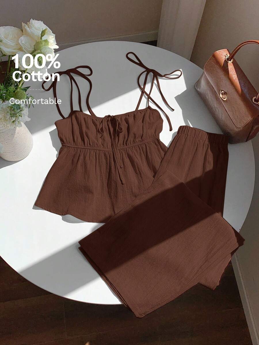 Comfortcana Brown Woven Linen Tank Top & Pants Set - Brown - View 1
