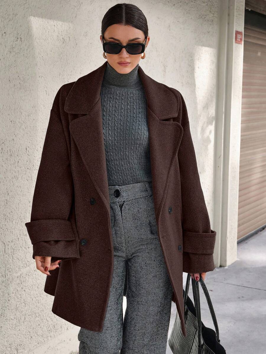 EURMUSE Oversized Boxy Double-Breasted Overcoat - Chocolate Brown - View 1