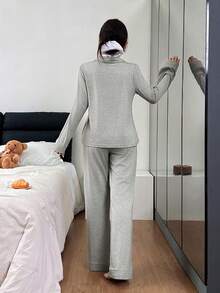 Dream Adore 女士宽松舒适针织领长袖睡衣套装 - 灰色 - 查看 2