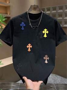 INAWLY Men's Faux Cross Print Pattern T-Shirt, Standard Size - Black - View 3