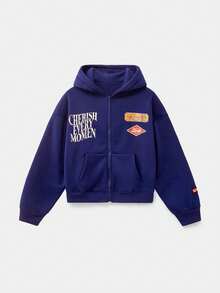 Manfinity Unisex 男士休闲拉链连帽衫，带丝网印花，宽松版型，春秋季，秋冬 - 寶藍色 - 查看 3