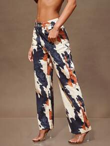 Denimoi 秋季女装，低腰 Y2k 宽松豹纹印花双口袋直筒宽松牛仔裤。女士牛仔裤，女士裤子日常穿着 - 米色 - 查看 3