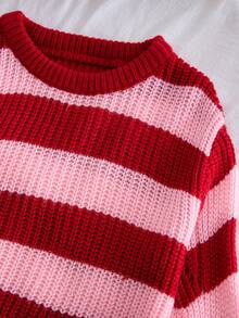 SHEIN Playful Pals 女婴休闲条纹撞色针织衫，长袖，秋冬款 - 紅色 - 查看 7