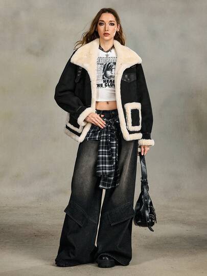 Grunge Punk Giacca casual da donna con colletto in pelliccia sintetica bicolore e patchwork, manica lunga