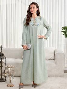 Al Najma 女士土耳其长款连衣裙和阿拉伯传统长袍 - 綠色 - 查看 3