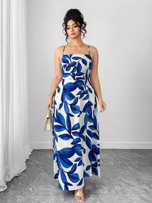SHEIN Tall CURVE Plus Size Women's Vacation Tropical Leaf Print Spaghetti Strap Dress, Romantic Travel Holiday Tie Waist Dress, New Summer Dress - Multicolor - View 4