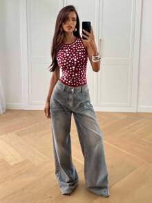 Aloruh Áo crop top hở vai cổ tròn đính đinh tán thời trang Y2K dành cho nữ - Màu Đỏ Sâu - Xem 3