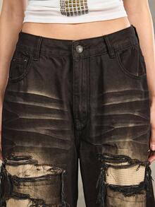 ROMWE Grunge Punk Quần jeans nữ dáng rộng, phong cách grunge, rách rưới, vintage, dáng oversized. - màu đen - Xem 6