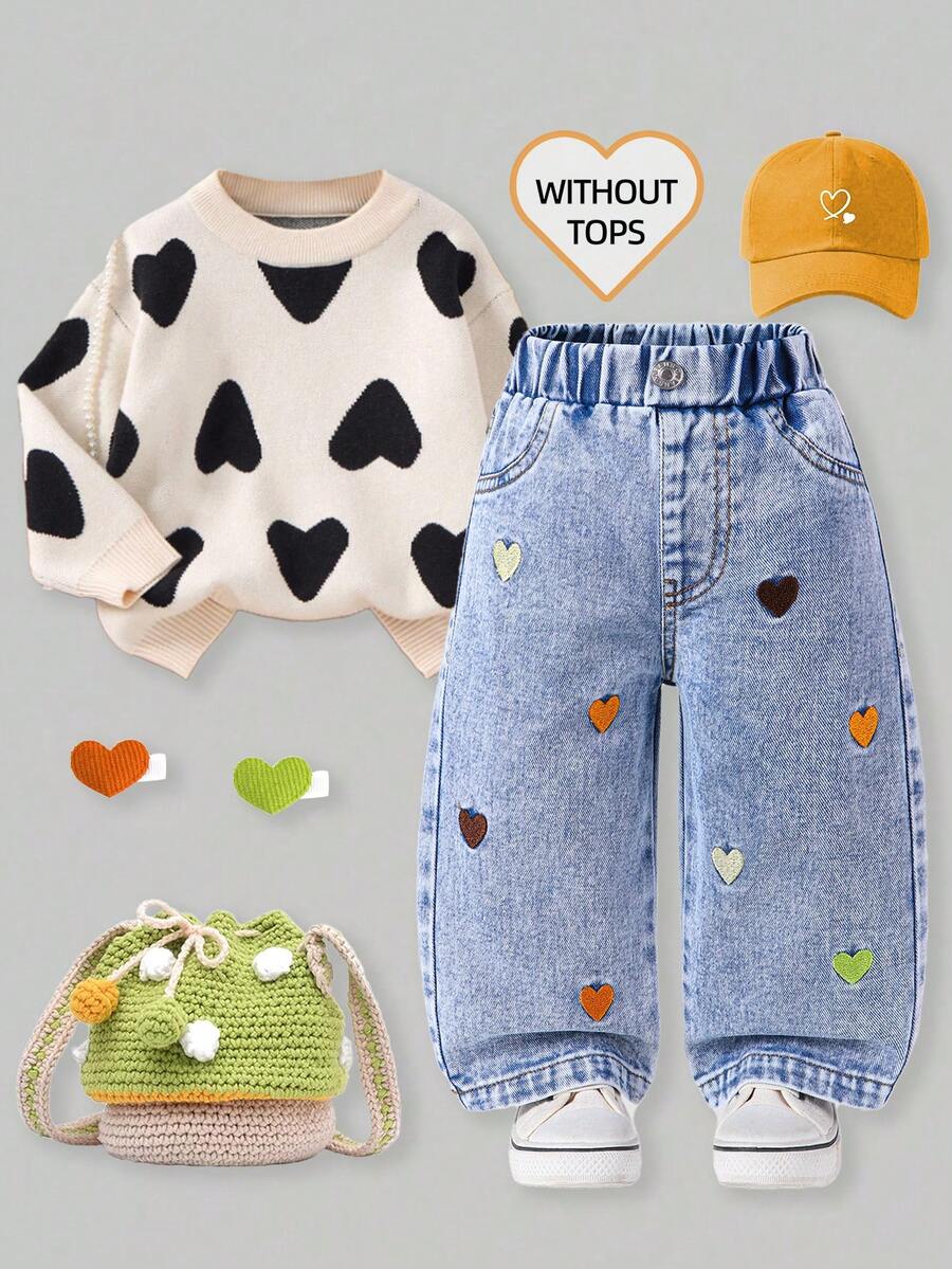 SHEIN Pantalones acampanados con bordado de copos de nieve desgastados para bebés/niñas pequeñas - Lavado ligero - Ver 1