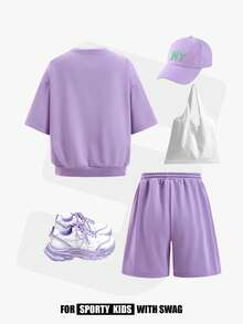 JNSQ Tween Girls 2-Piece Set: Loose Letter Print Round Neck Short Sleeve Sweatshirt + Relaxed Straight Leg Sweatpants, Suitable For Spring/Summer Outdoor Activities, Casual, Vacation, Street Style And Leisure - Purple - View 2