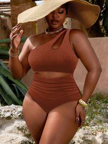 Slaydiva Plus Size Women Black Ribbed Cutout Ruched One-Piece Swimsuit, Casual Vacation - Brown - View 6