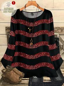 EMERY ROSE Plus Size Women Casual All-Over Print Round Neck Loose 3/4 Sleeve Shirt, Autumn/Winter Spring - Multicolor - View 1