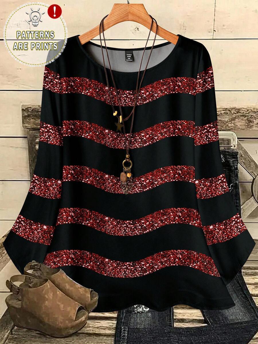 EMERY ROSE Plus Size Women Casual All-Over Print Round Neck Loose 3/4 Sleeve Shirt, Autumn/Winter Spring - Multicolor - View 1