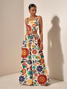 Zivah New Spring/Summer Vacation Casual Fishbone Strap Top & Wide Leg Pants With Pockets 2 Pieces Set/Season Wedding Attend/Birthday Party/Daily Outing/Basic And Versatile/Leisure Vacation/Cruise Travel/Beach Seaside Sunbathing /Internet Celebrity Hot Style/Street Style/Elegant Commuter/Business/Casual Bandeau Strap Sexy Backless Ladies Top And Straight Pants With Pockets Flower Positioning Print Green Summer Suit Ladies Two Pieces Suit Carnival - Multicolor - View 6