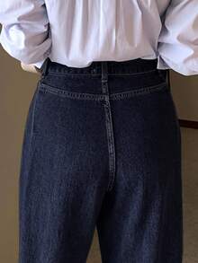 DAZY High Waist Washed Blue Pleated Wide Leg Jeans, Loose & Versatile Denim Pants For Autumn/Winter - Navy Blue - View 3