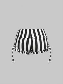 ROMWE Women's Black & White Striped Super Short Mini Ultra Low Waist Frill Trim Shorts - Black and White - View 2