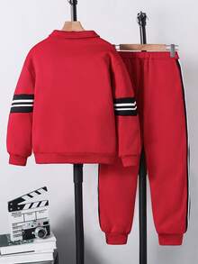 SHEIN Explorewe 男童连帽长袖外套套装（含裤子）2件套 - 紅色 - 查看 2