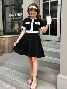SHEIN Tween Girls Elegant Black And White Contrast Stitching Button Round Neck Short Sleeve A-Line Dress For Summer School Back-To-School College Style - Black and White - View 7