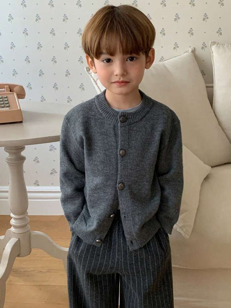 Young Boy Round Neck Button Front Casual Long Sleeve Sweater