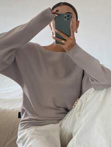 DAZY 女士纯色修身船领半袖休闲优雅针织上衣，秋冬款 - 巧克力棕 - 查看 7