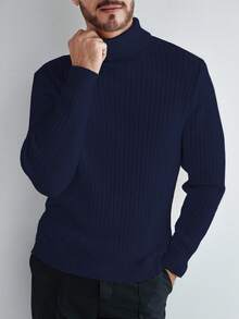 Manfinity CityGents Áo len dáng ôm màu trơn 3D phong cách Blogger Châu Âu & Mỹ - Màu xanh hải quân - Xem 3