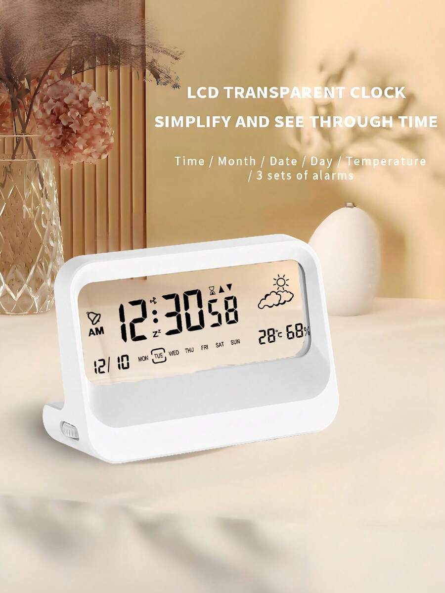 Desk Clock, Digital Alarm Clock, Transparent Modern Design, Temperature, Humidity, Snooze, Aesthetic Home Decor, Office Decor, Battery Operated Desk Clock For Office, Living Room, Bedroom, Shelf Etc - Multicolor - View 1