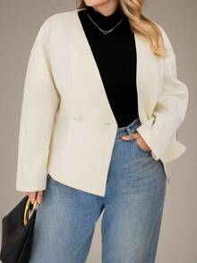 Auralis Plus Size White Elegant Office V-Neck Wrap Waist A-Line Coat,French Casual Long-Sleeved Sophisticated Commuter Western Wear Korean Fashion Fall/Winter - Apricot - View 7