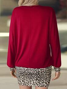 SHEIN LUNE 女士休闲撞色豹纹长袖迷你连衣裙 - 紅色 - 查看 2