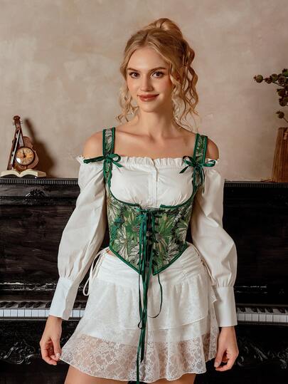 Myrelith 1pc Women's Vintage French Floral Print Criss-Cross Wrap Crop Top