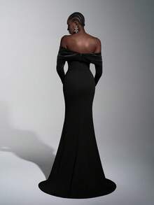 Elitara Women's Elegant Wine Red Off Shoulder Long Sleeve Evening Dress,Knitted Elastic Velvet Patchwork Fishtail Hem Trailing Wedding Bridesmaid Gown - Black - View 3