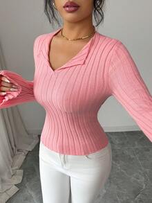 SHEIN Elenzya 女士优雅复古斯德哥尔摩风格高领喇叭袖修身毛衣，适合休闲约会、工作、感恩节、派对、办公室穿着。 - 粉色 - 查看 3