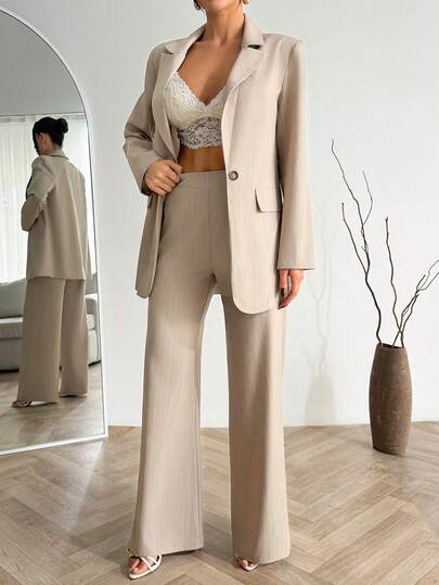 EURMUSE Women Wide Leg Suit Set – Women's Classic Blazer And Trousers, Elegant Business Outfit, Relaxed Fit Professional Co-Ord, Modern Office Wear, Stylish Formal Suit, Timeless Neutral Two Pieces, Tailored Power Suit, Chic Work Ensemble, Versatile Career Clothing, Sophisticated Minimalist Style Woman Suit Pants Suit Womens Suits Beige Two Piece Set Two Piece Set Women Elegant Formal Two Piece Set
