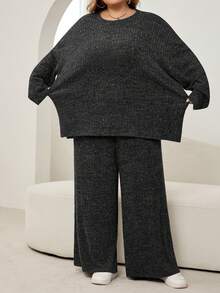 SHEIN CURVE+ 大码女式纯色简约日常穿搭圆领长袖上衣和裤子两件套 - 深灰色 - 查看 5