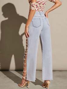 Denimoi 秋季女装，蓝色性感宽松浅色水洗牛仔开衩侧镶钻阔腿牛仔裤。适合日常穿着、外出、音乐会、节日等场合。 - 淺色水洗藍 - 查看 2