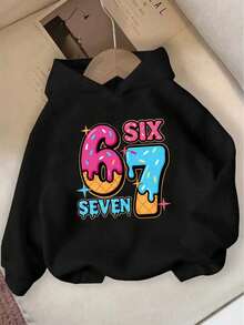 Sparklyn Autumn/Winter Tween Girls Casual Fashion Creative Personalized Fresh Minimalist Numeric 67 Colorful Candy Dot Letter Slogan Graphic Print Comfortable Pullover Sweatshirt, Cozy Fall & Winter Styles Suitable For Tween Girls - Black - View 1