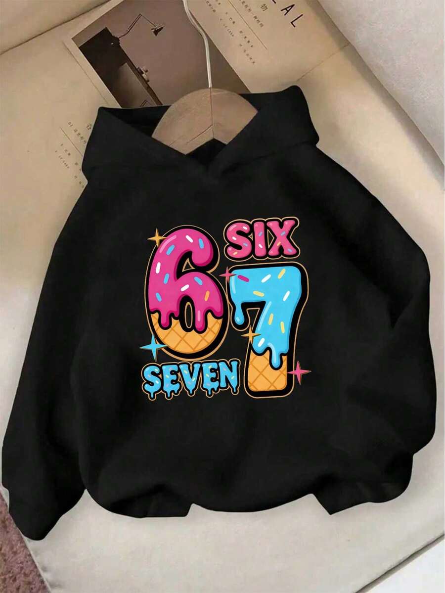 Sparklyn Autumn/Winter Tween Girls Casual Fashion Creative Personalized Fresh Minimalist Numeric 67 Colorful Candy Dot Letter Slogan Graphic Print Comfortable Pullover Sweatshirt, Cozy Fall & Winter Styles Suitable For Tween Girls - Black - View 1