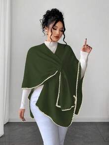 Elenzga 女士优雅时尚宽松大码毛衣斗篷，适合秋冬季外套穿着 - 軍綠色 - 查看 5