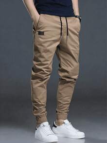 1 pieza Pantalones cargo de unicolor con múltiples bolsillos para hombre, pantalones casuales de verano para vacaciones en la playa, uso diario, deportes, exteriores, con ajuste holgado, pantalones de chándal de moda informal, pantalones rectos versátiles, otoño - Caqui - Ver 2