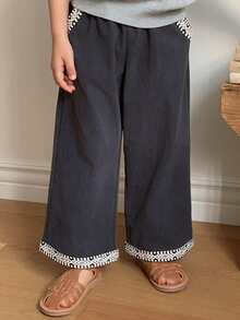 DAZY Pantalones anchos y sueltos con bolsillo parche y estampado geométrico para niño, uso casual diario