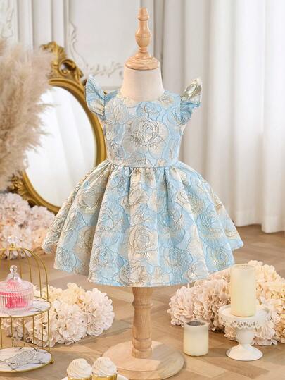 SHEIN 1-Piece Baby Girl Cute Versatile Texture Floral Fabric Dress, Suitable For Birthday Parties, Evening Parties, Performances, Weddings, Baptisms, Opening Ceremonies, Indoor And Outdoor, Daily Use, Sports, Play, Parties, Photo Shoots, Vacations, Festivals, Suitable For Autumn And Winter Seasons, Suitable For Gatherings, And Other Occasions Baby Elegant Dress Party Blue Toddler Party Dress Baby Blue Baby Girl Dress Babygirl Princess Dress Toddler Girl Dress