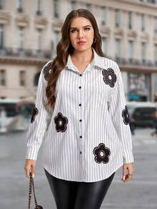 SHEIN LUNE 大码格子印花前襟纽扣贴袋休闲长袖衬衫，适合感恩节、新年、冬季等各种场合穿着。 - 彩色 - 查看 4