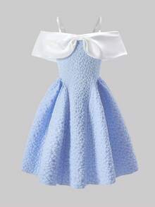 SHEIN Đầm xòe thanh lịch cho bé gái tuổi teen, kiểu dáng trễ vai, dây đeo có thể điều chỉnh, chất liệu jacquard dệt họa tiết nơ, thích hợp mặc hàng ngày, dự tiệc, đám cưới, mùa xuân/hè. - Màu xanh lam - Xem 4
