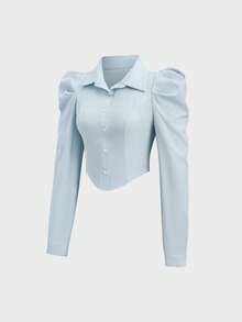 Sweetra Áo sơ mi tay lửng dáng ôm màu trơn, thanh lịch, phù hợp cho người đi làm. - Màu xanh nhạt - Xem 3