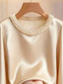Franclia Blusa elegante romántica francesa con cuello redondo tejido, decoración de perlas, mangas de murciélago, para citas románticas, atuendo de fiesta, nueva blusa para mujer - Champán - Ver 4